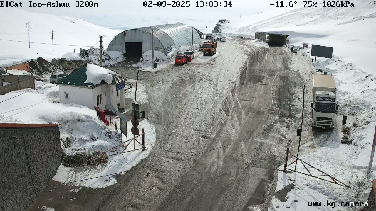 A snowy mountain road with several vehicles near a small building and a large metal structure, under a partly cloudy sky.