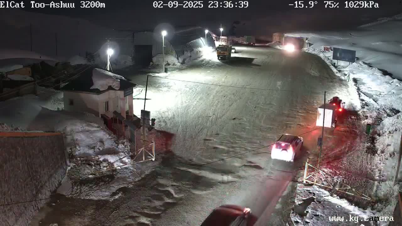 A nighttime, snowy scene shows a road with several vehicles, including a truck and cars, near buildings and snow-covered ground under a temperature of -15.9°C.