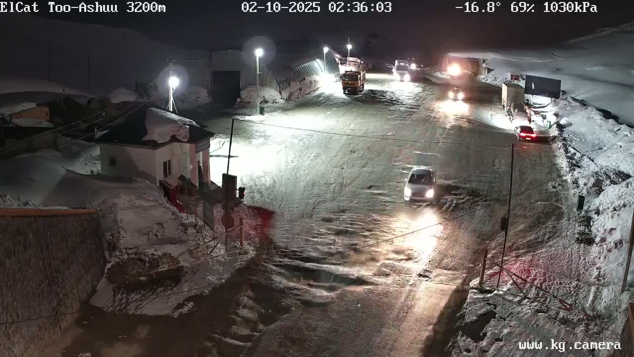 A snow-covered road at night with several vehicles driving on it under a -16.8°C temperature and 69% humidity.