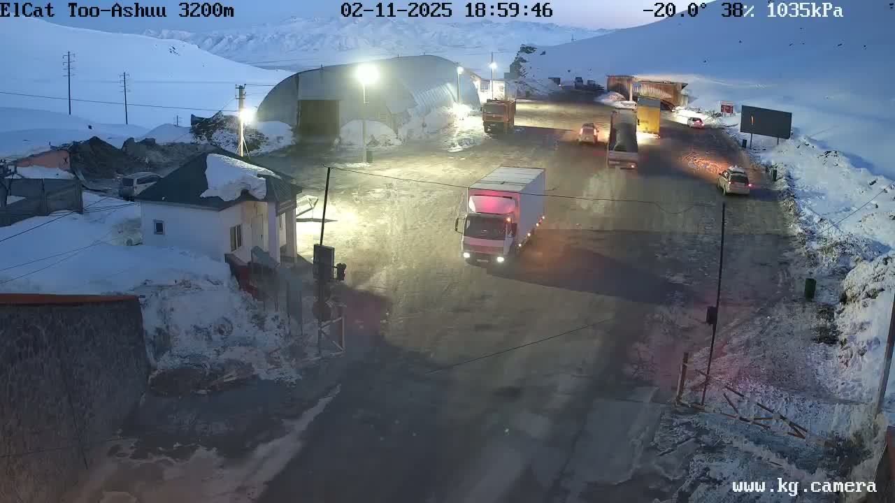A snow-covered mountain pass at night with several vehicles, including trucks and cars, moving along a roadway, under a dark, cold sky at -20°C.