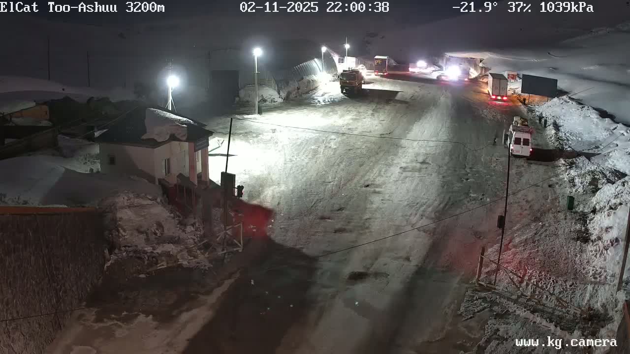 A snow-covered road at night with several vehicles and a building, illuminated by artificial lights.