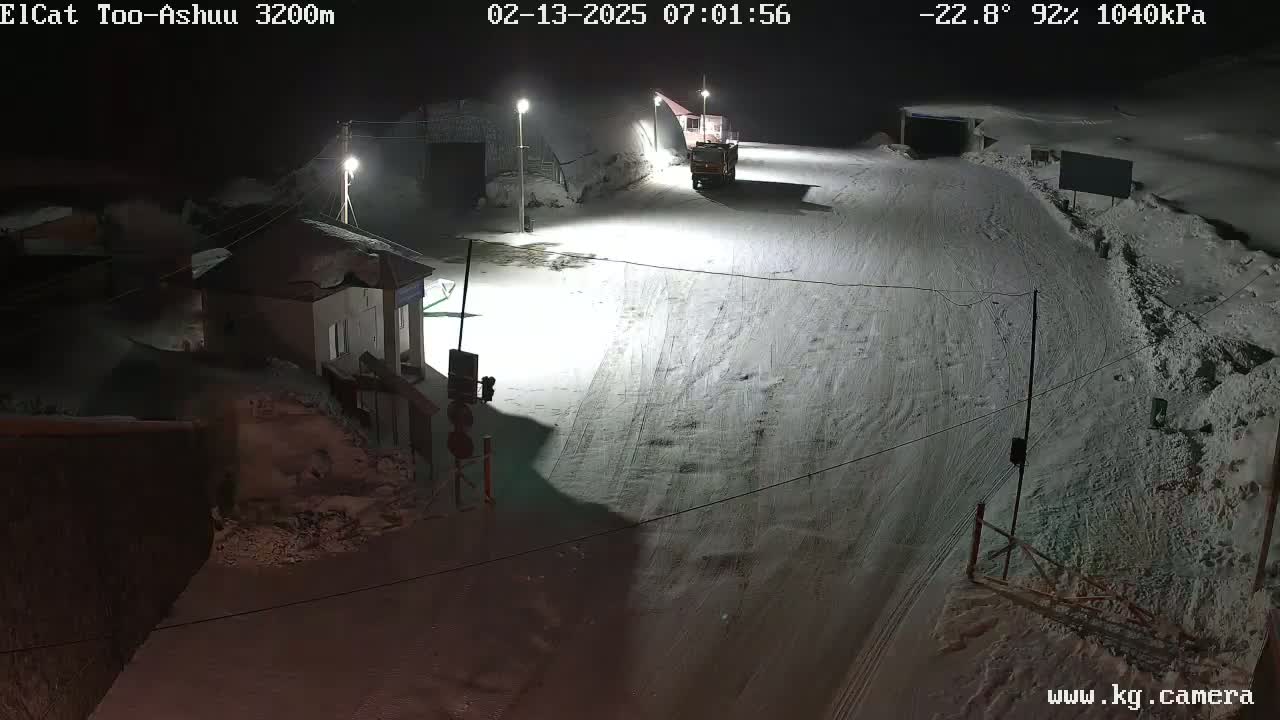 A snow-covered road at night, illuminated by artificial lights, with a building and a vehicle visible in the distance, under a clear sky at -22.8°C.