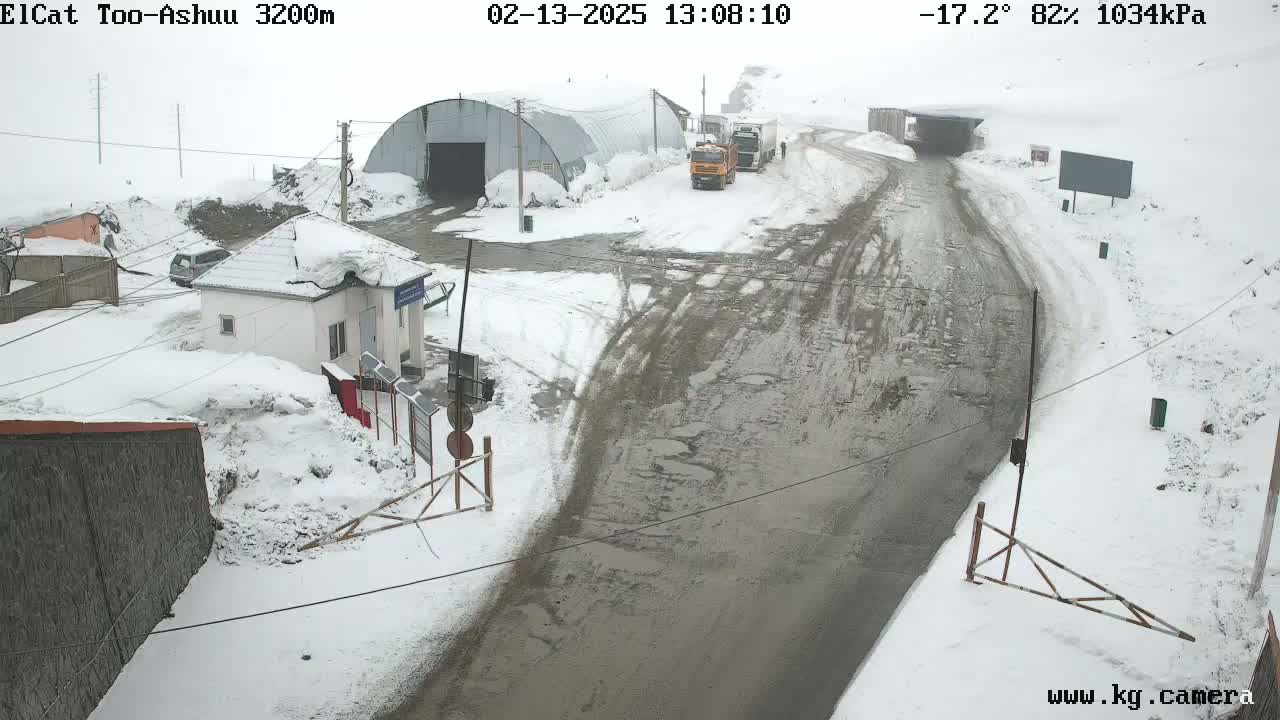 A snowy mountain road scene shows a small building, several vehicles, and a tunnel entrance, with overcast conditions.