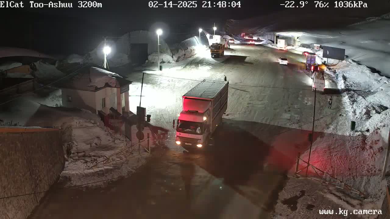 A nighttime, snowy scene shows several vehicles at a roadway intersection near buildings, under conditions of -22.9°C and 76% humidity.