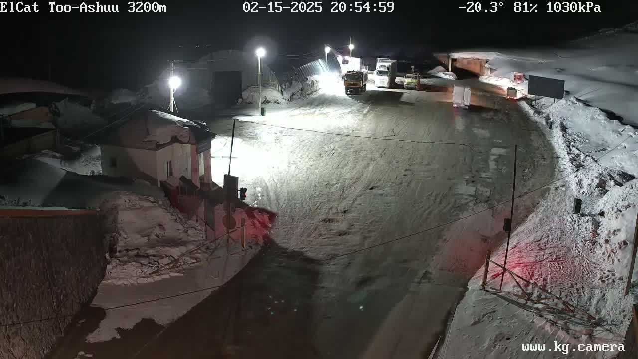 A nighttime, snow-covered road scene shows several vehicles parked near a building under artificial light, with a temperature of -20.3°C and 81% humidity.