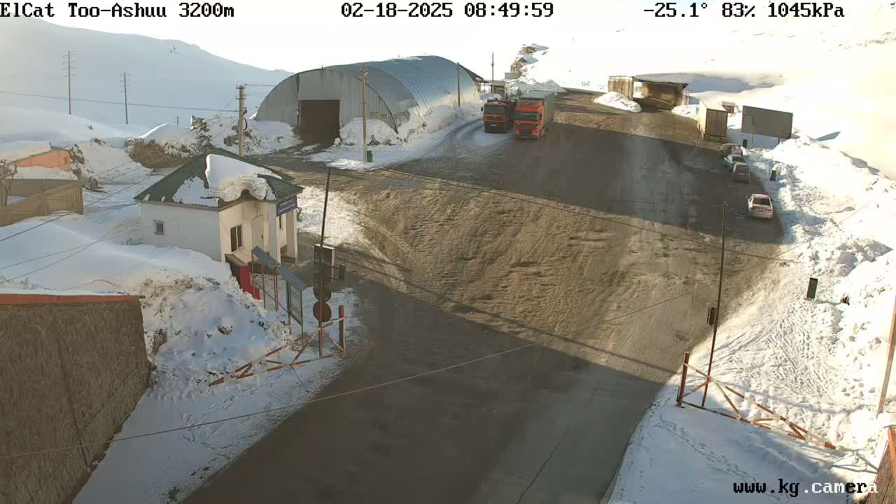 A snow-covered mountain road scene shows several vehicles near a small building and a large metal structure, with partly sunny and cold weather conditions.