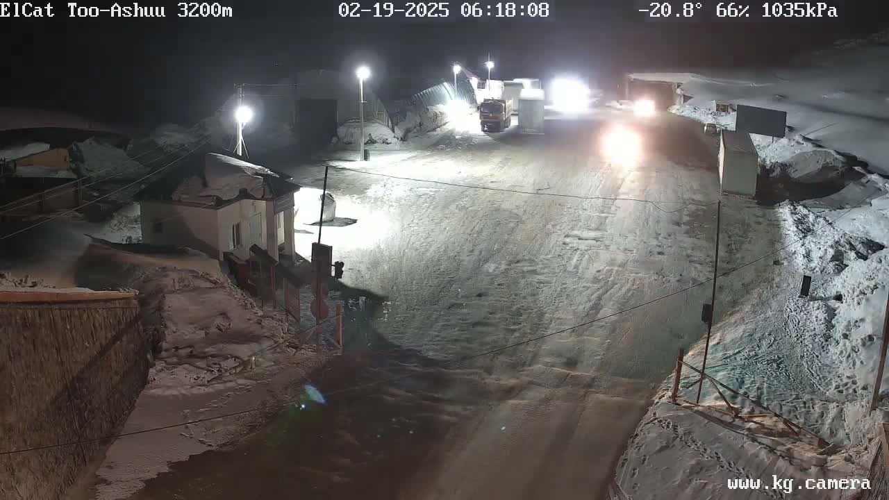 A snow-covered road at night is illuminated by streetlights, with several vehicles visible and a building in the lower left corner.