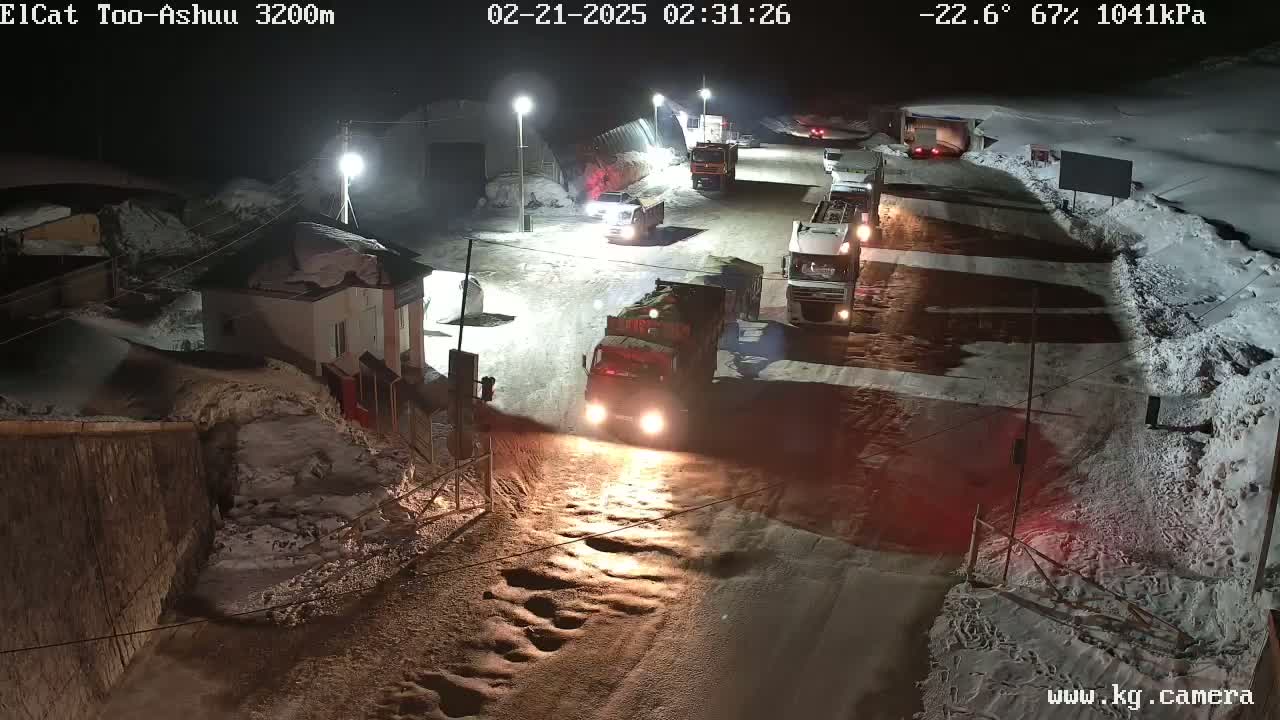 At night in snowy conditions, several trucks are parked or moving along a road near a building.