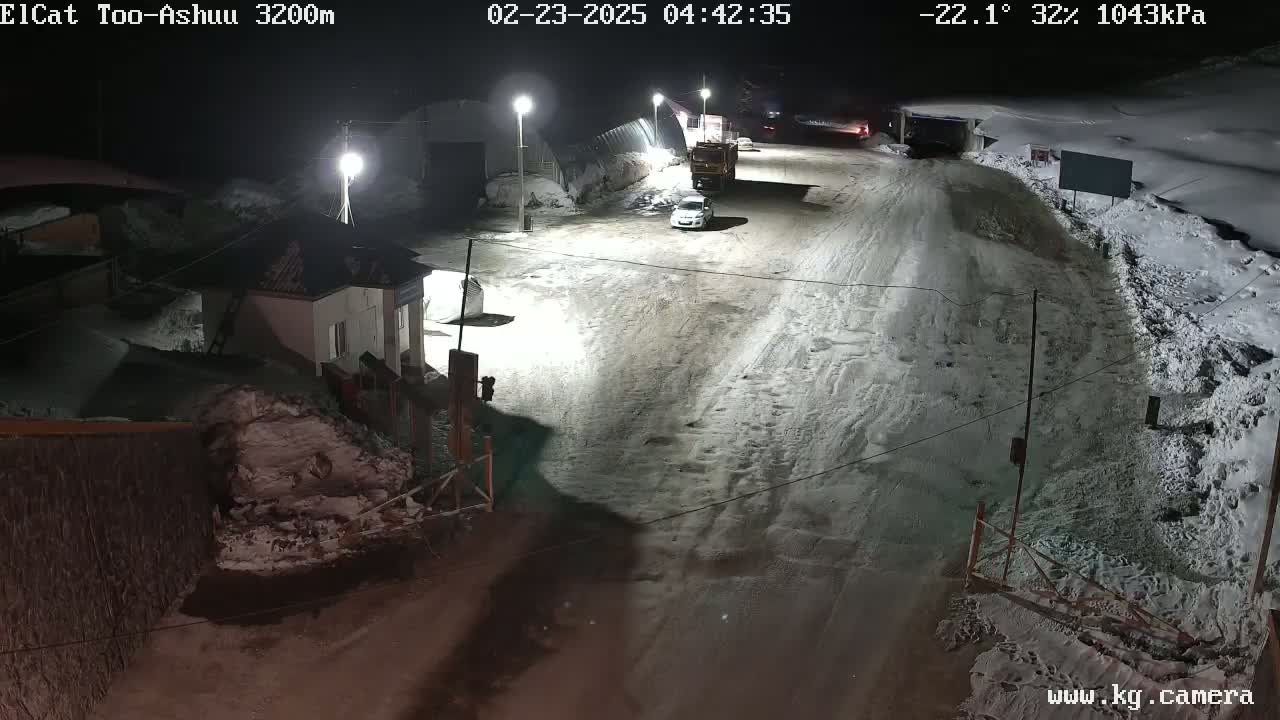 A snow-covered road at night is illuminated by streetlights, with a few vehicles and a small building visible.