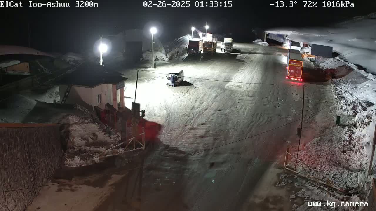 A nighttime, snowy scene shows several vehicles parked and driving on a roadway near a building, under partly cloudy skies with a temperature of -13.3°C.