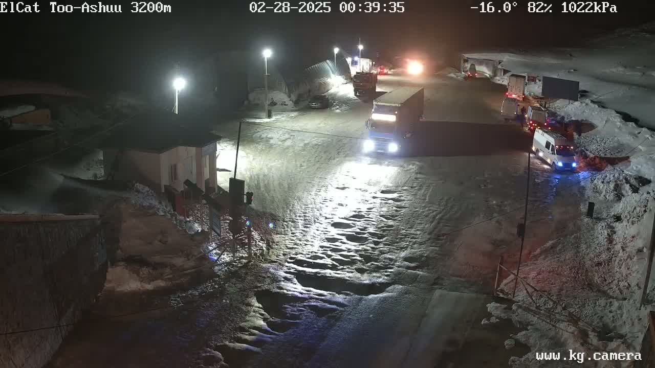 A nighttime, snowy scene shows several vehicles parked or stopped in a roadway near a building, under partly cloudy conditions at -16°C.