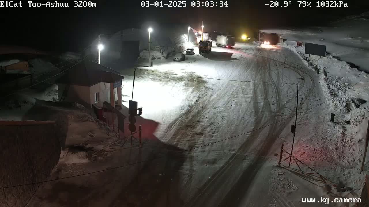 A snow-covered road at night with several vehicles parked near a small building under artificial light, with a temperature of -20.9° and 79% humidity.