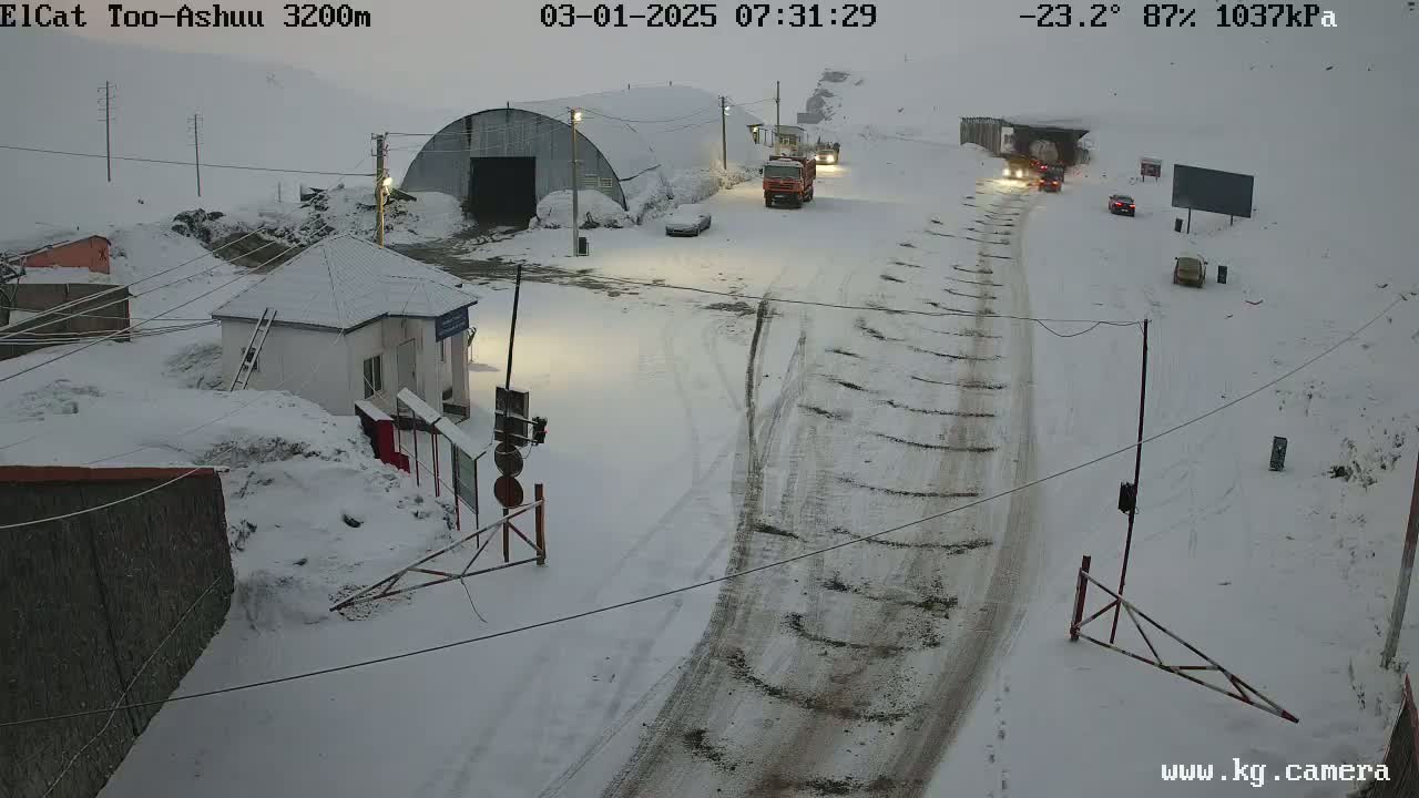 A snow-covered road with several vehicles and buildings is visible under a cloudy sky.