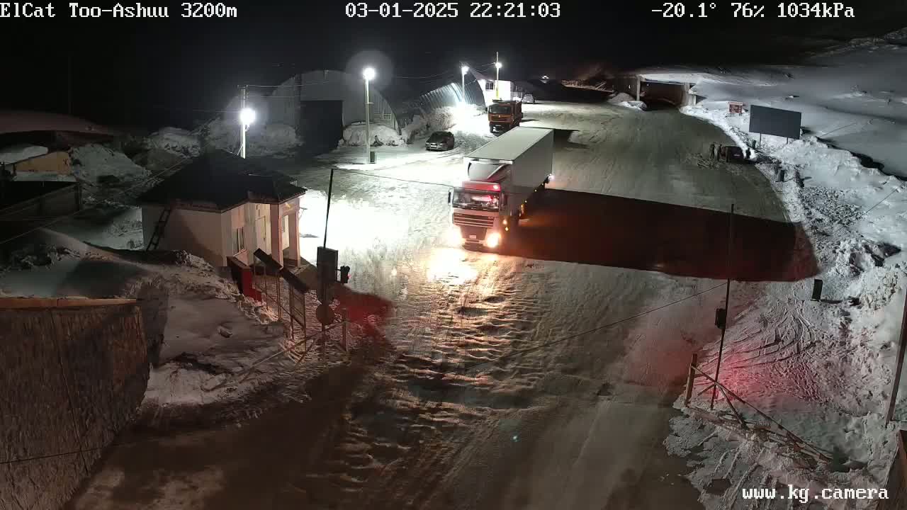 A snow-covered road at night, with several vehicles, including a large truck, near a small building under nighttime lighting and -20.1°C temperature.