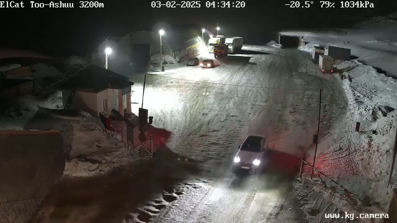A snow-covered nighttime scene shows several vehicles near a building, with a white SUV driving in the foreground under a dark, cold sky.