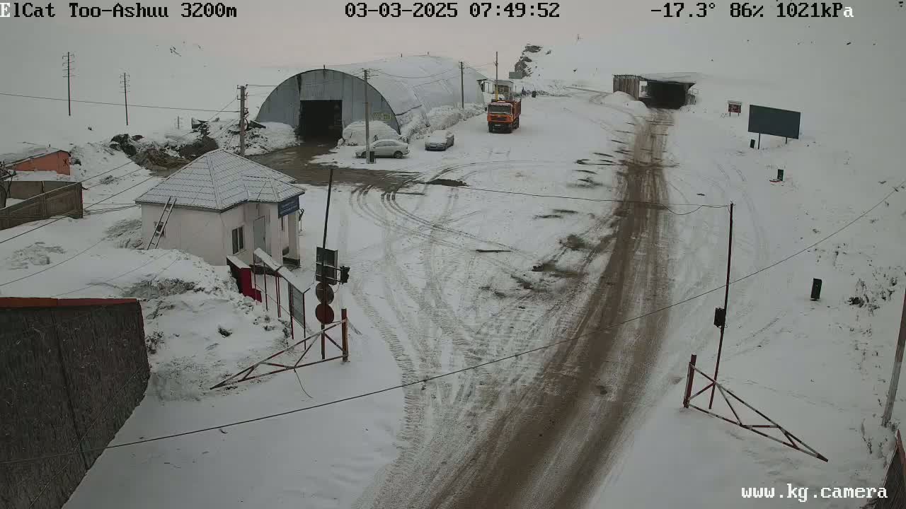 A snow-covered road and a small building complex are visible in a scene of a mountainous area with a partly cloudy sky and a temperature of -17.3°C.