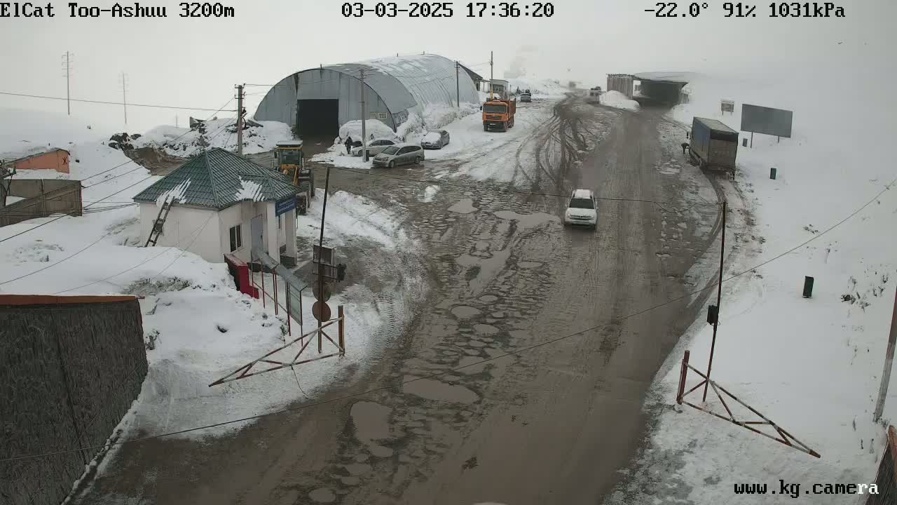 A snowy, muddy road with several vehicles and a small building, near a large metal structure, under overcast skies.