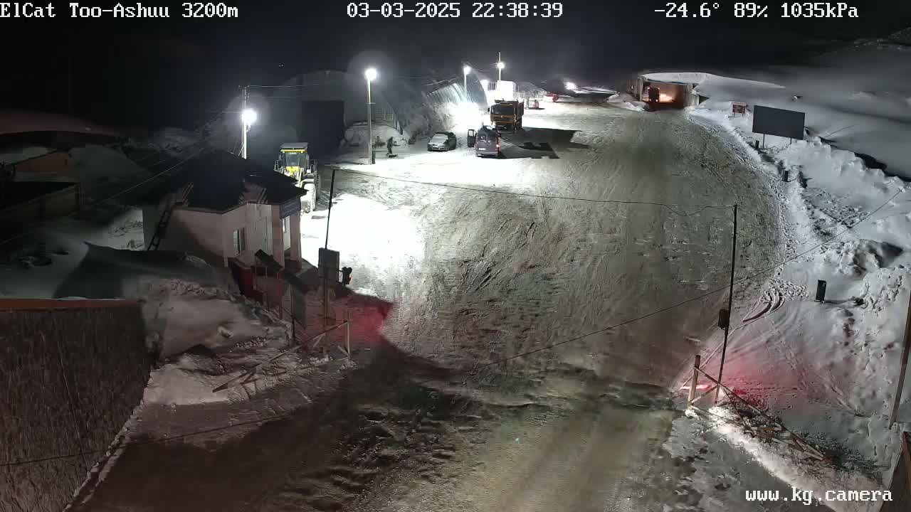 A snow-covered nighttime scene shows a road with several vehicles parked near a small building and a gate, under a dark sky with a temperature of -24.6°C and 89% humidity.
