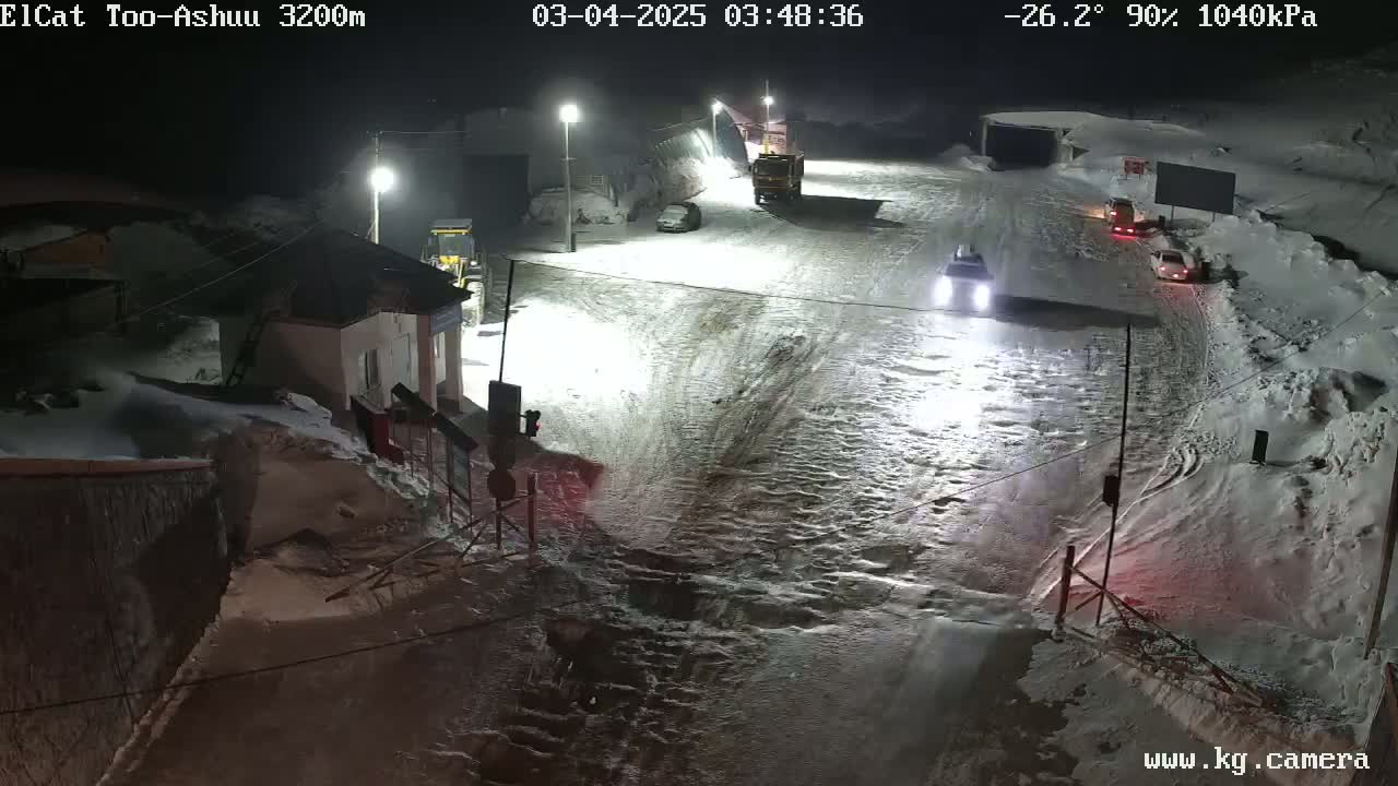 A snow-covered road at night with several vehicles and a building, under conditions of -26.2°C and 90% humidity.