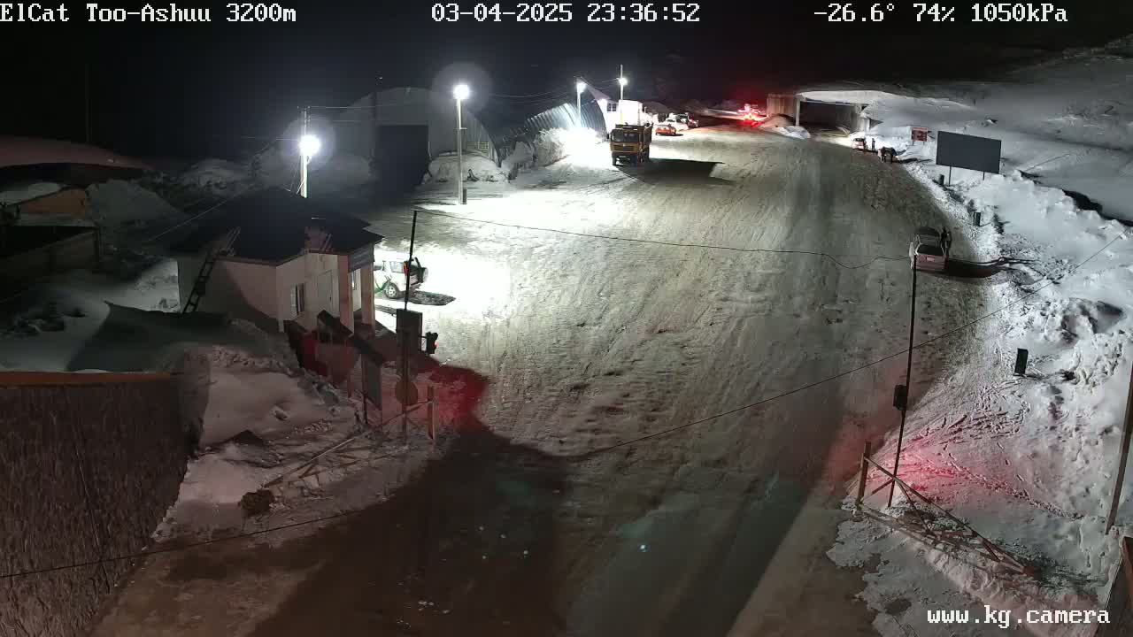 A snow-covered road at night is illuminated by streetlights, with several vehicles parked or driving near a small building.