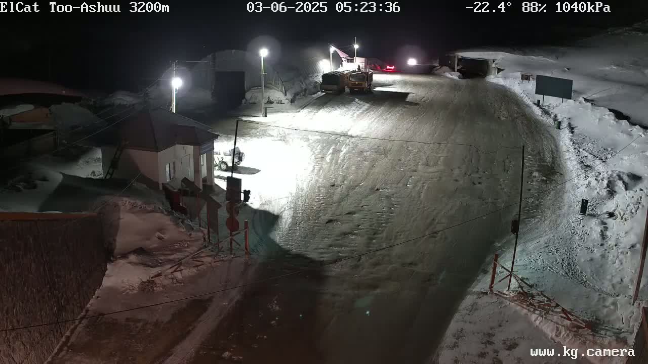 A snow-covered road at night with several vehicles parked near a small building under a dark, cloudy sky.