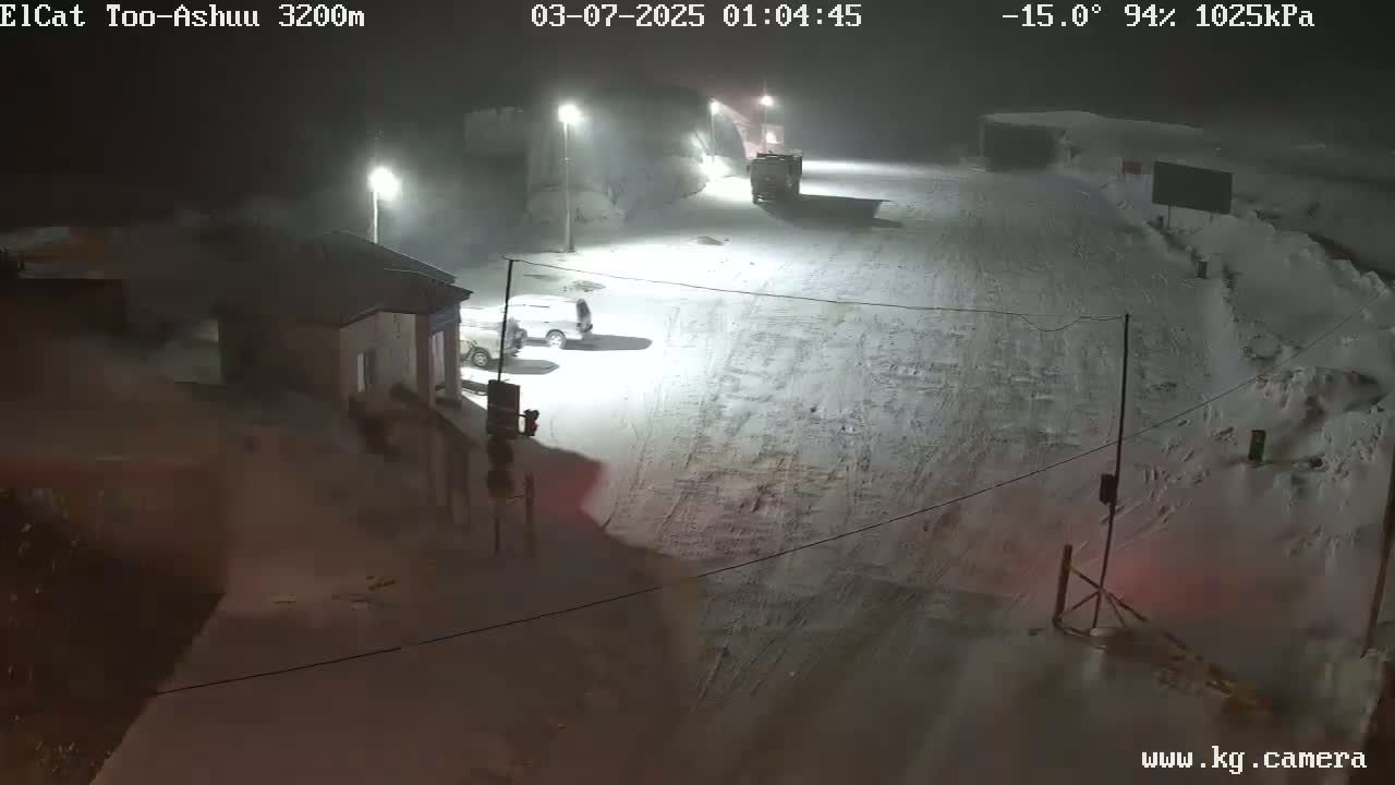 A snow-covered road at night with several vehicles parked near a building, under hazy conditions and  streetlights illuminating the scene.