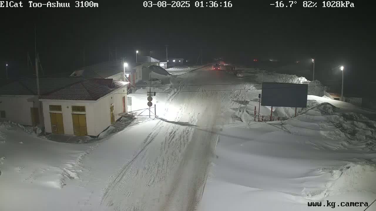 A snow-covered road at night, with a few buildings and vehicles visible under the cold, dark sky.