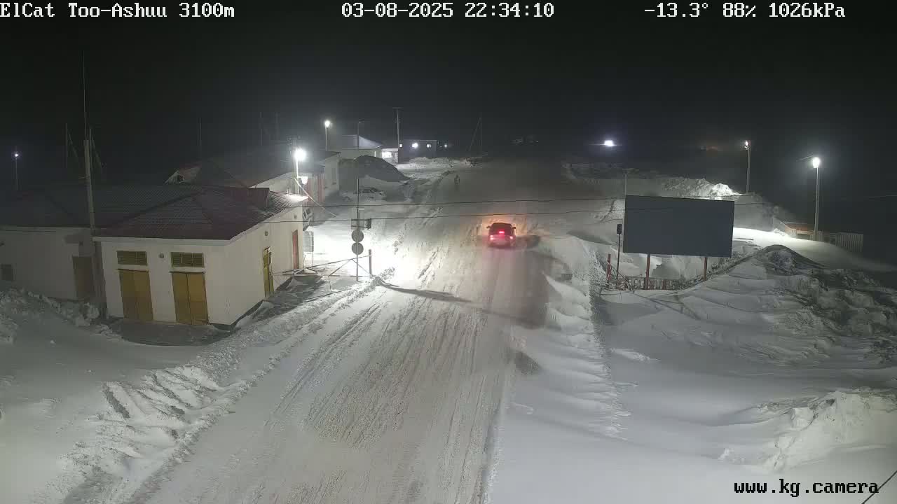 A snow-covered road at night is illuminated by streetlights, with a single vehicle driving down it past a building and a blank billboard.
