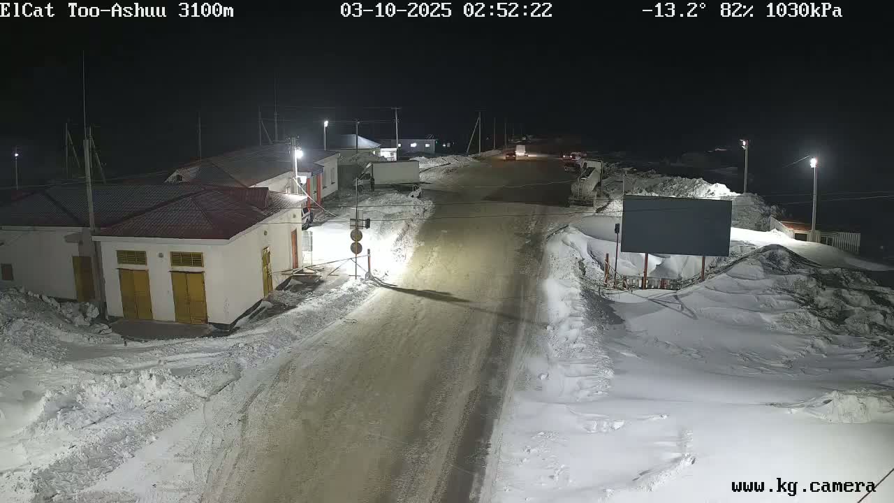 A snow-covered road at night is illuminated by streetlights, with several buildings and a few vehicles visible.