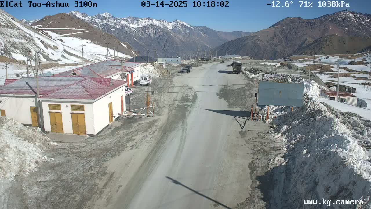 A mountain road with snow banks on either side passes by several buildings in a sunny, cold (-12.6°C) and dry (71% humidity) environment.