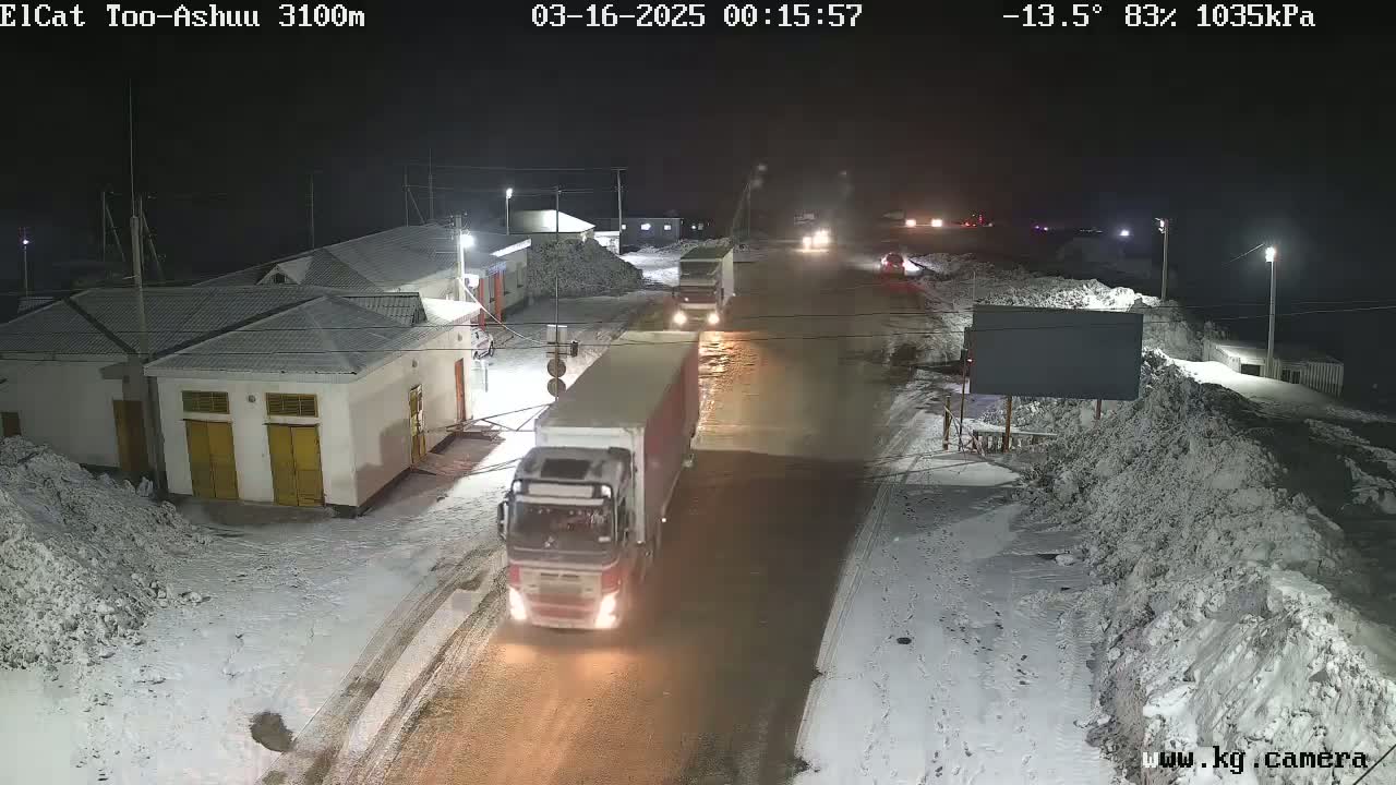 A nighttime, snowy scene shows several vehicles on a road near a building complex under a mostly clear sky, with a temperature of -13.5°C and 83% humidity.