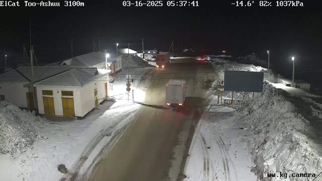 A snow-covered road at night is seen with several buildings and trucks, under a dark sky with a temperature of -14.6°C.