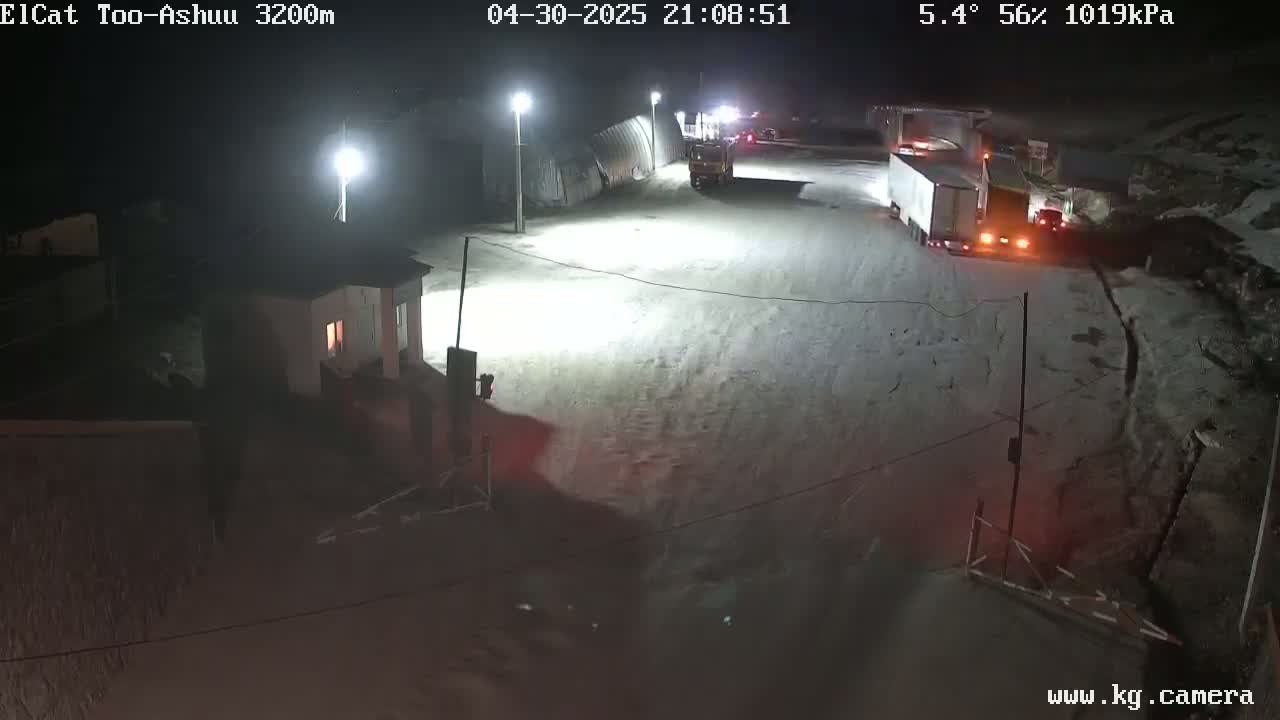 A snow-covered nighttime scene shows several vehicles near a building, illuminated by bright lights.