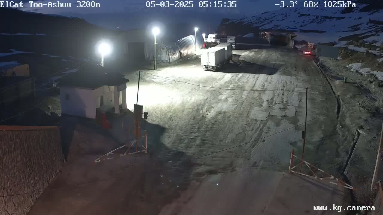 A nighttime view of a sparsely populated, snow-covered parking lot with a few vehicles and buildings under artificial light, at a temperature of -3.3°C.