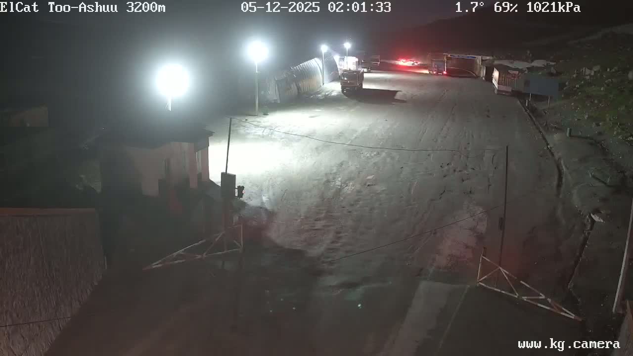 A nighttime, dimly lit, outdoor scene shows a dirt road with several vehicles parked near some buildings under bright lights, with a humid air temperature of 1.7 degrees and 69% humidity.