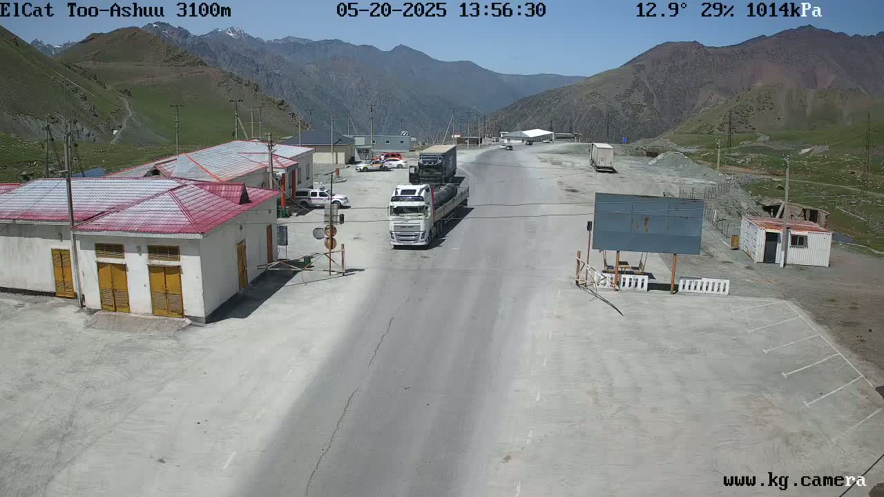 A mountain pass border crossing on a sunny day with several vehicles parked and a few driving on a paved road, surrounded by buildings and a mountainous backdrop.