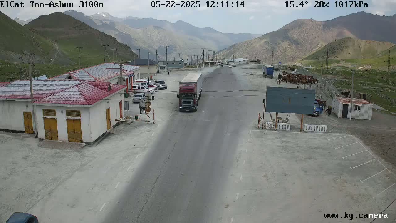 A highway passes through a mountainous region with partly cloudy weather, where several vehicles, including a truck, are parked near buildings and a herd of animals.