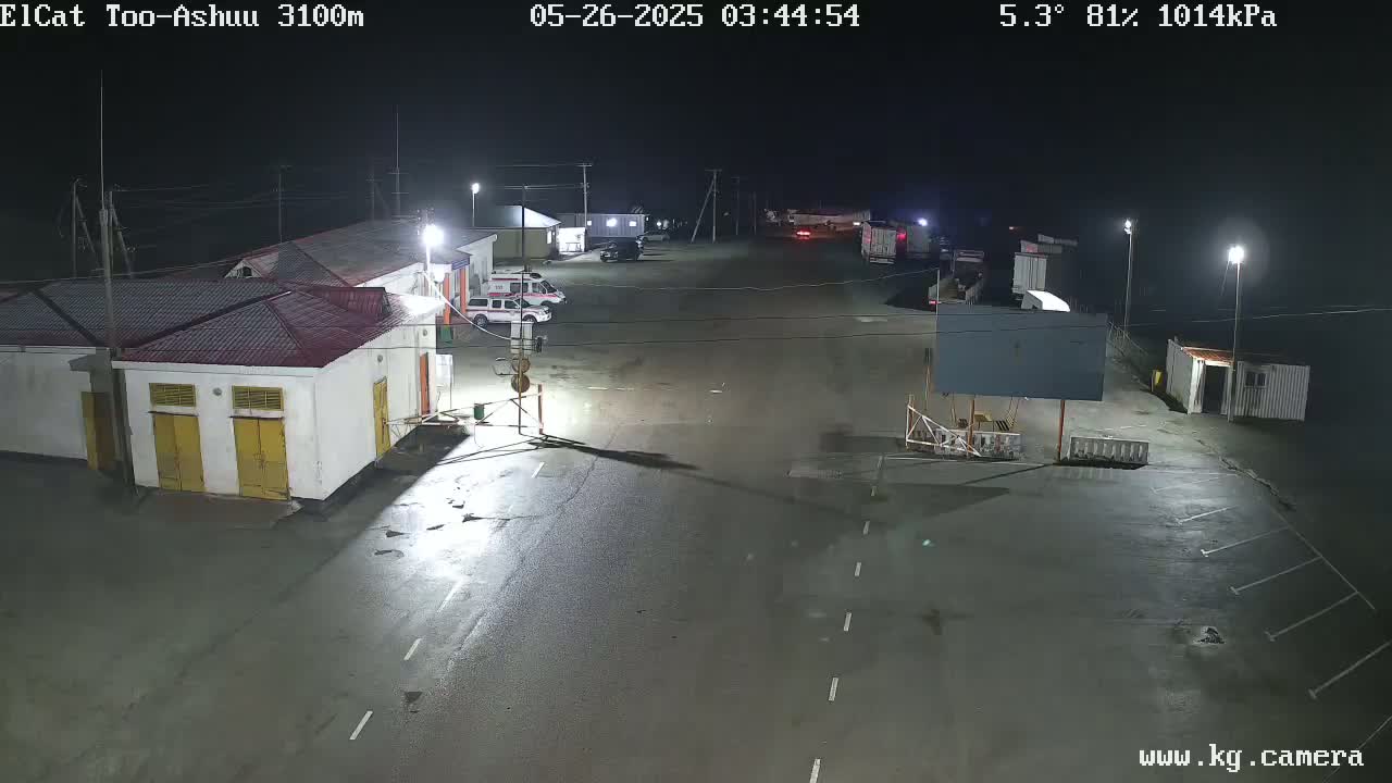 A nighttime, wet parking lot with several buildings and a few vehicles, under partly cloudy skies at 5.3°C.