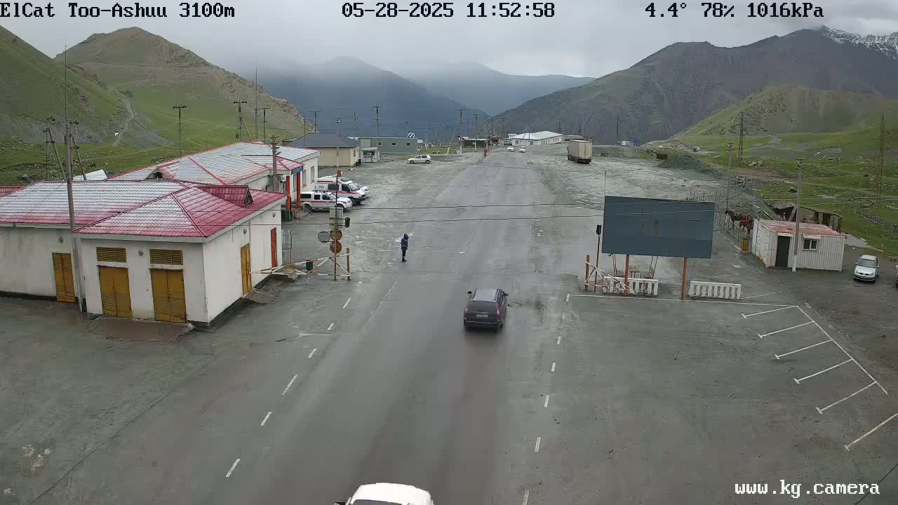 A wet road winds through a mountain pass, with several buildings and a few vehicles visible under overcast skies.