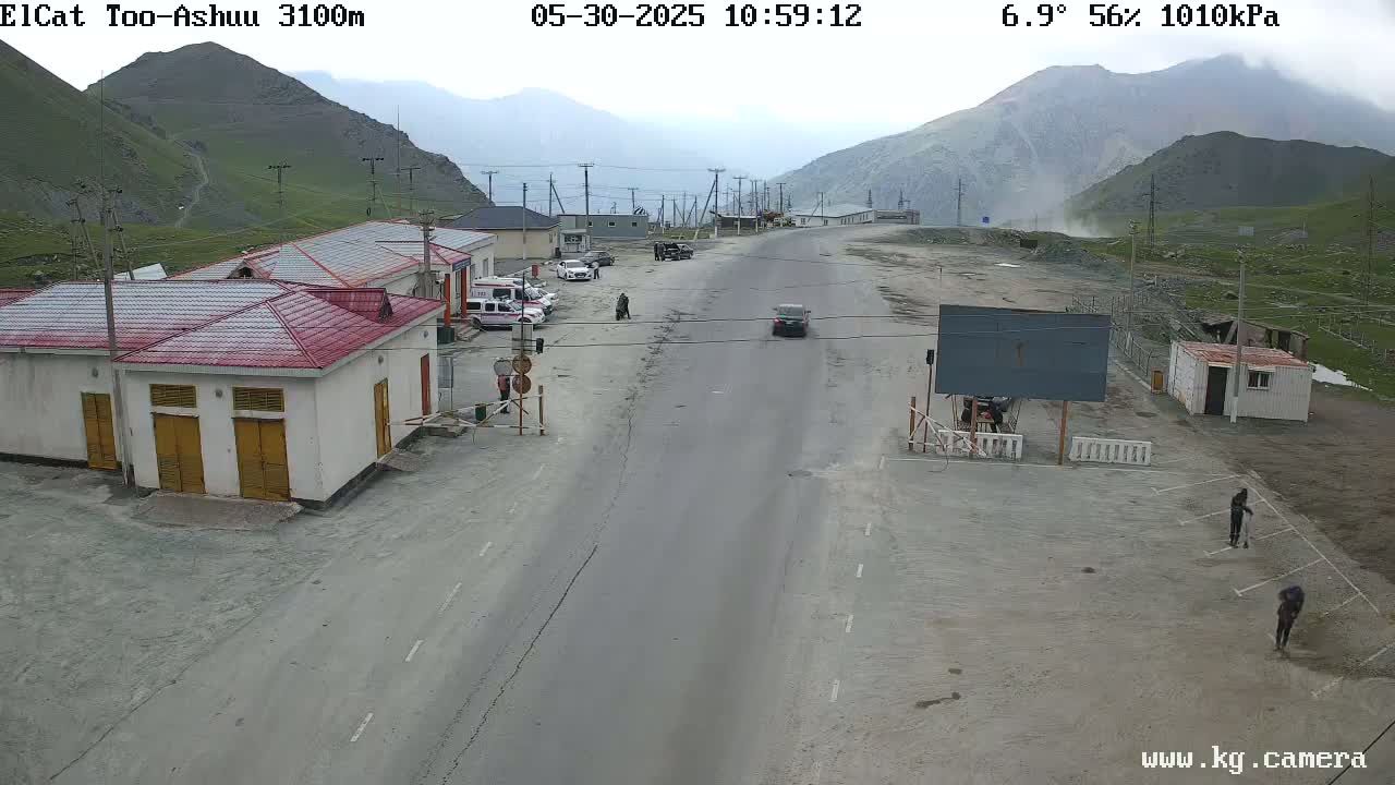 A highway passes through a mountainous area with dusty conditions, where several buildings and a few vehicles are visible, with people walking near the roadside.