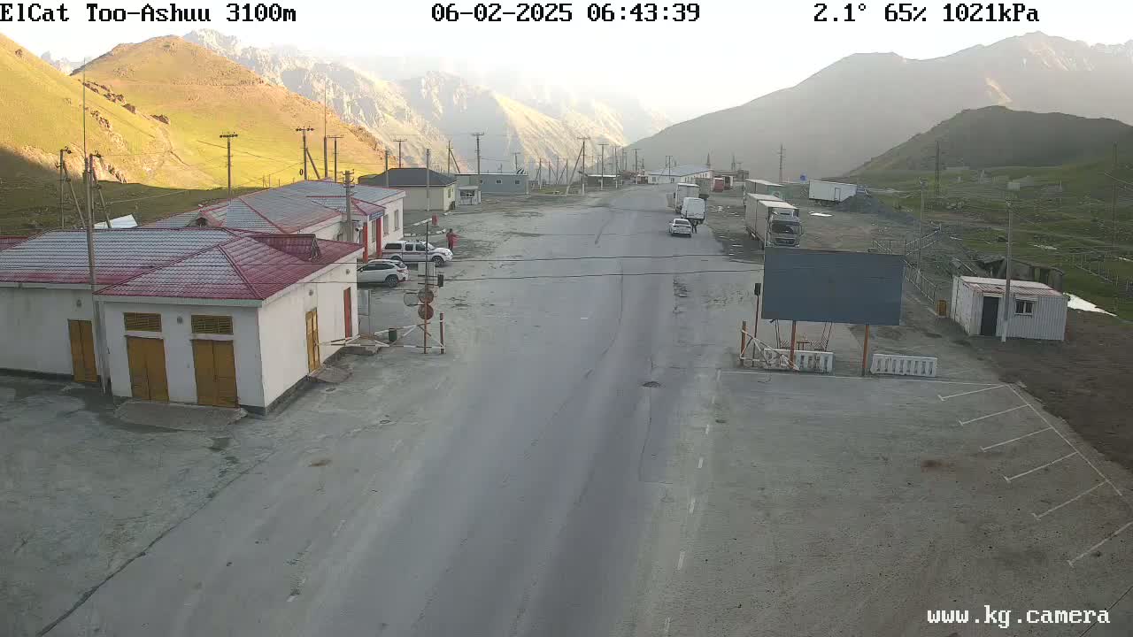 A mountain road passes through a sparsely populated area with several buildings and a few vehicles, under hazy, cool conditions.