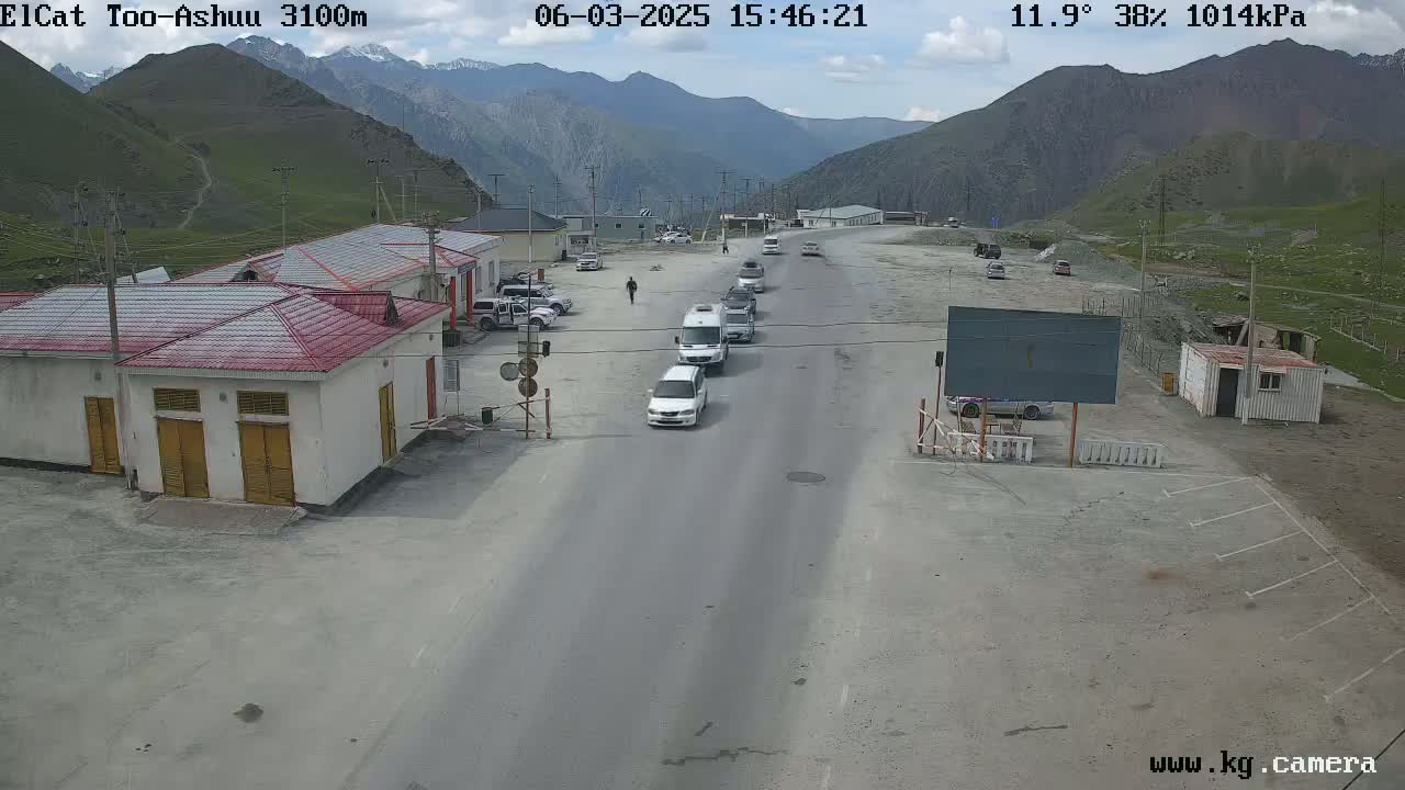 A mountain pass road with several vehicles and buildings, under partly cloudy skies.