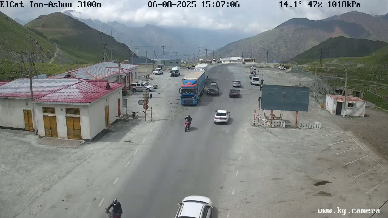 A mountain road scene shows several vehicles, including a large truck, cars, and a motorcycle, traveling on a paved road that passes by a small building complex under partly cloudy skies.