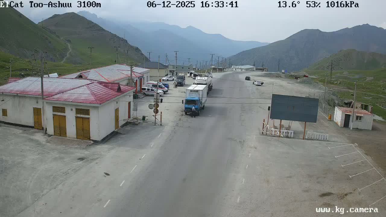 A mountain road with several vehicles parked near some buildings under a partly cloudy sky.