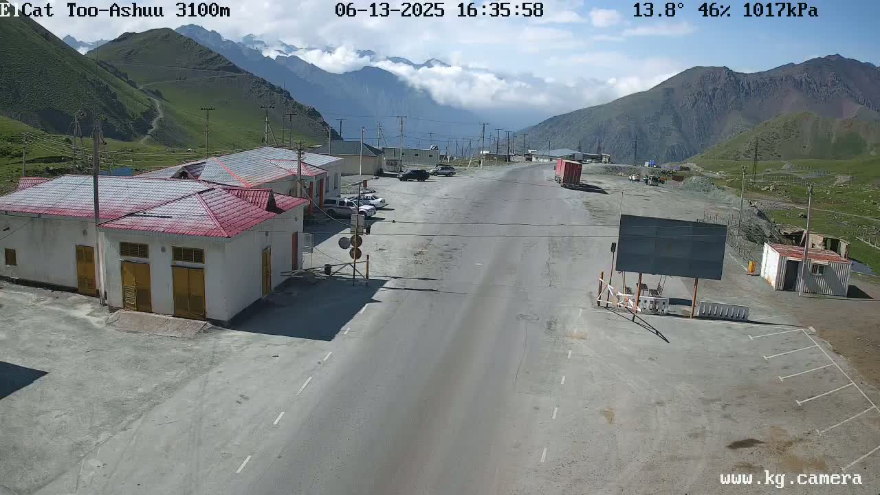A paved road winds through a mountain pass on a partly cloudy day, with several buildings and parked vehicles visible alongside it.