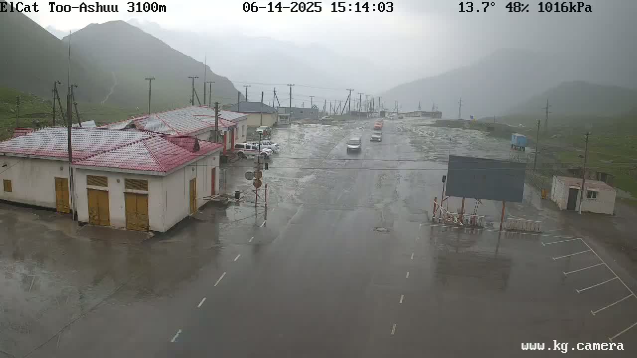 A rain-soaked roadway and parking lot near several buildings in a mountainous area, with several vehicles visible.