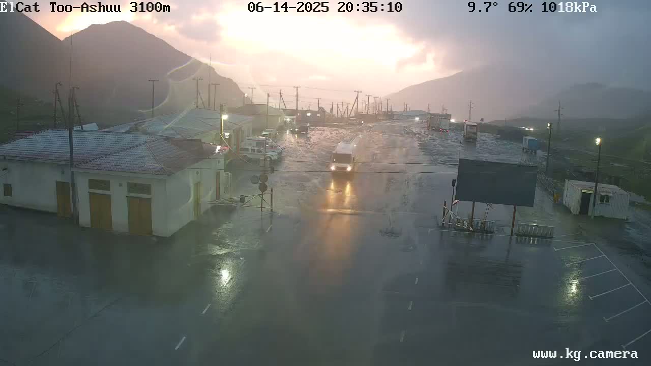 A rain-soaked roadway and parking lot are visible, with several vehicles present near buildings under a twilight sky in mountainous terrain.