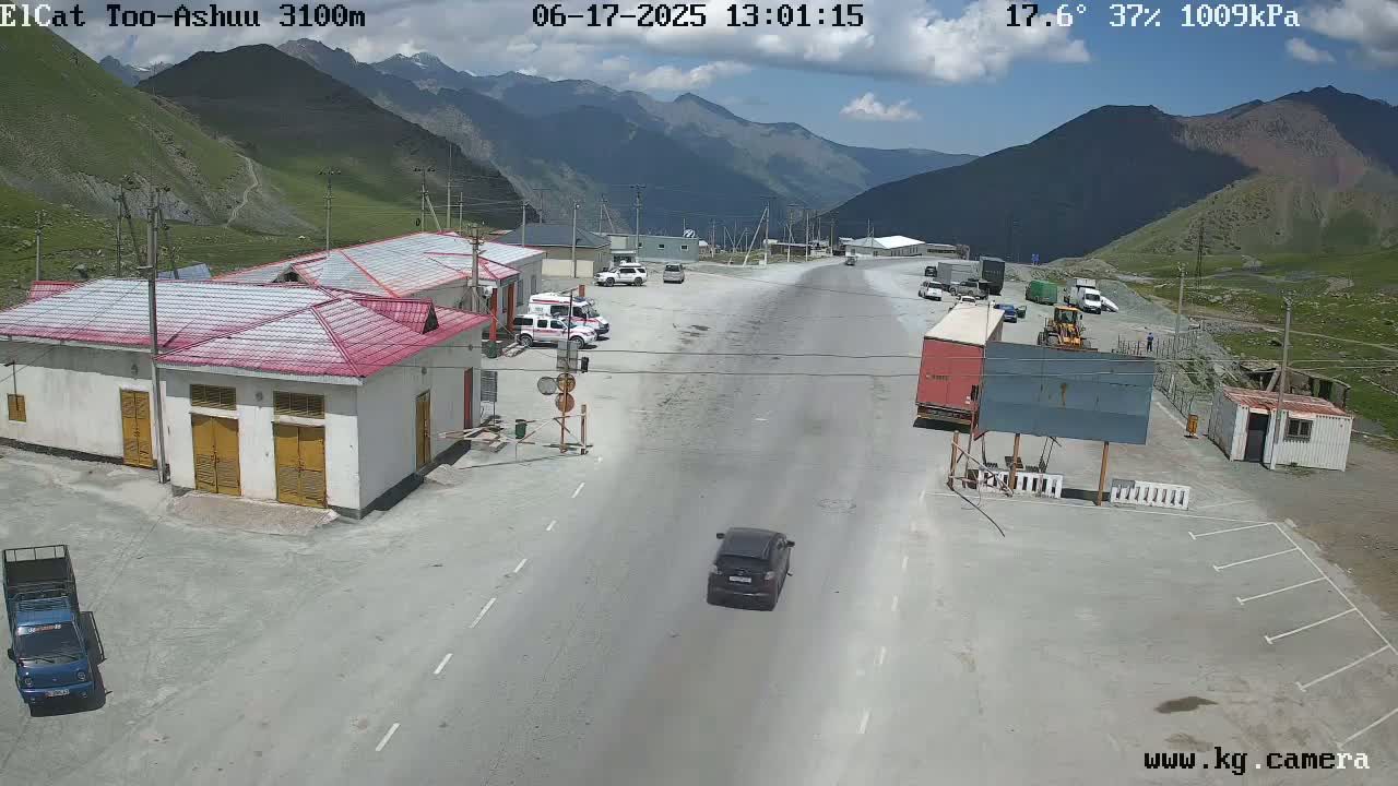 A mountain road passes through a checkpoint with several buildings, vehicles, and a partly cloudy sky.