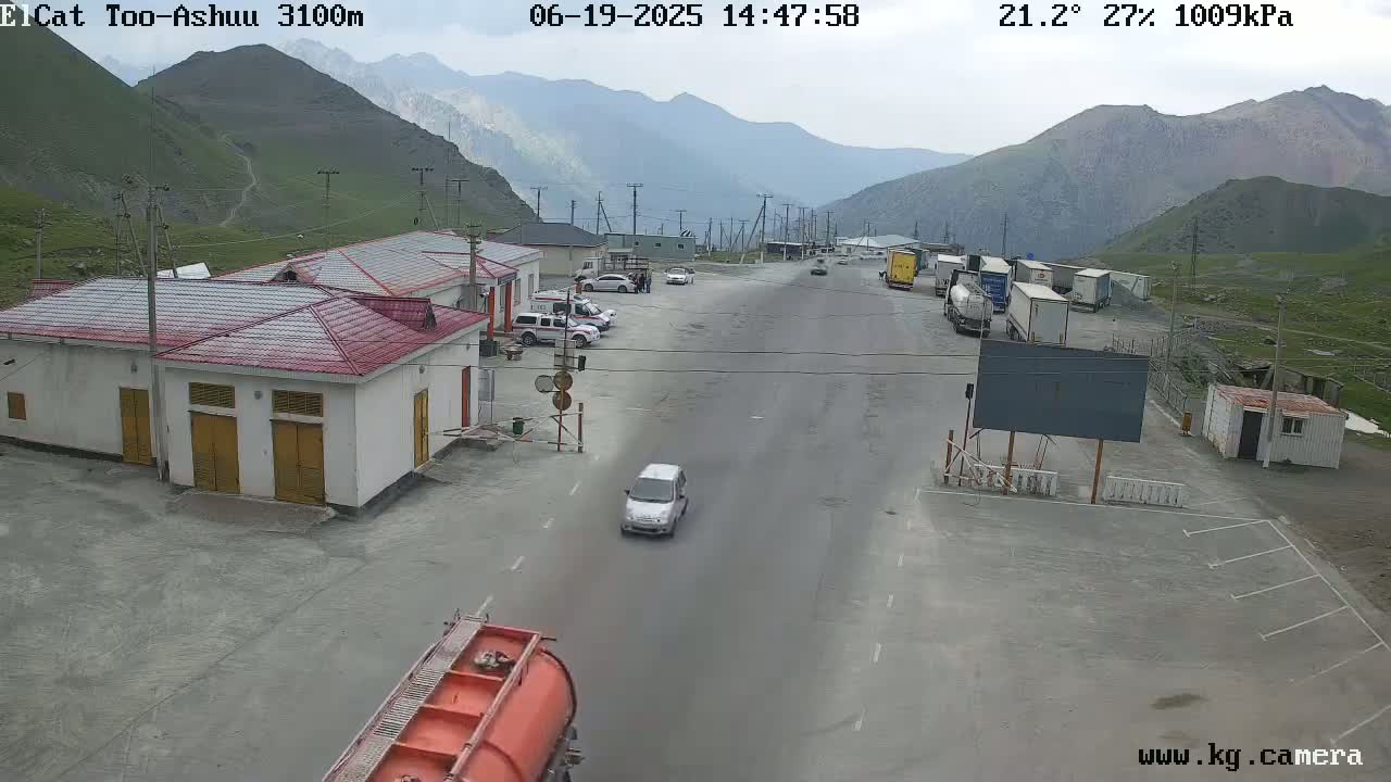A mountain pass checkpoint with several vehicles parked and a few driving on a paved road, under a partly cloudy sky.