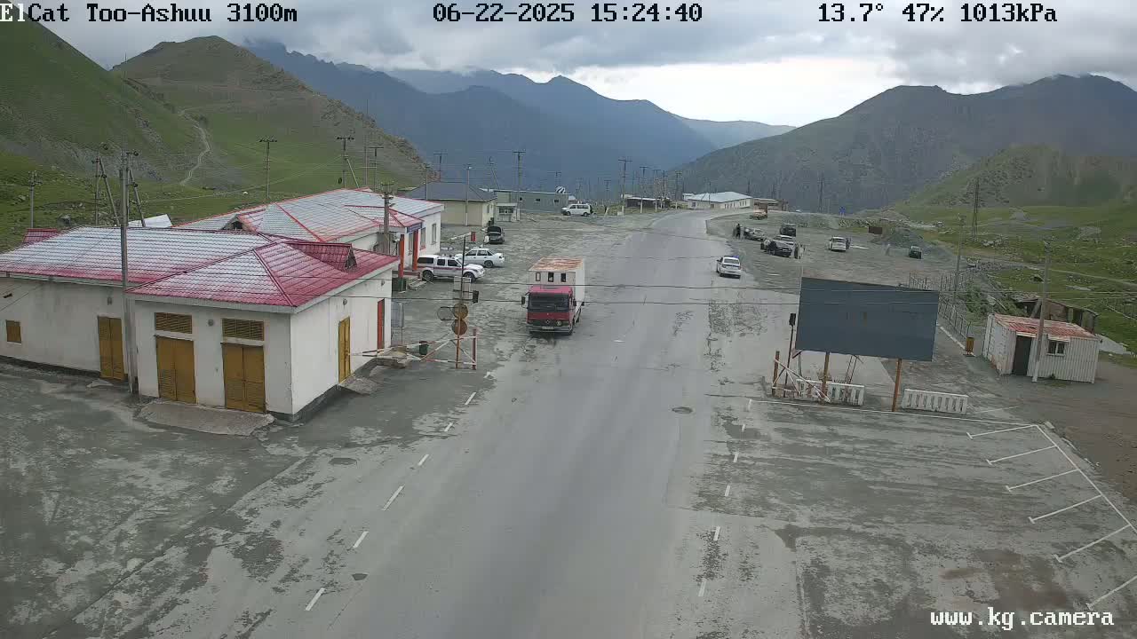 A mountain pass road with several buildings and parked vehicles under an overcast sky.